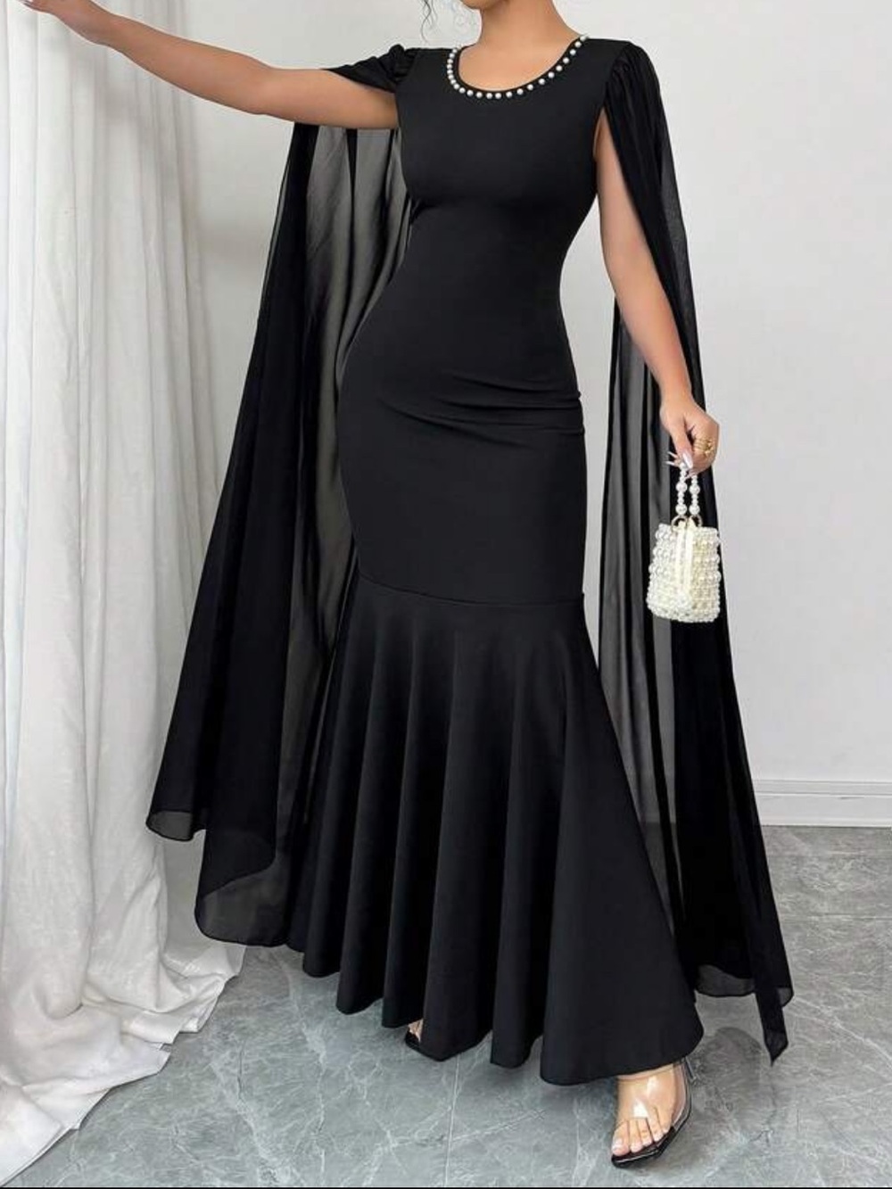 Black Cape-Sleeve Mermaid Maxi Dress with Jewel Neckline